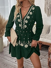 preiswerte Lässige Blumenkleider-Damen Minikleid Boho-Kleid Freizeitkleid Elegant Mode Modern Outdoor Urlaub Ausgehen Normale Passform Blumen Langarm V Ausschnitt Schwarz Wein Rote Grün Sommer Frühling