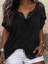 billiga Spets toppar-Dam Blus Spets Ensfärgat Stylish Ledigt Kortärmad V-hals Vanliga toppar Dagligen Blå Svart Vit Orange Grå Sommar Vår Höst