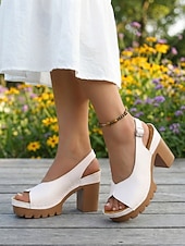 baratos Sandálias de salto-Sandálias femininas brancas peep toe com salto bloco – sandálias confortáveis de verão com tira no calcanhar, ideais para festas, jardim e uso diário.