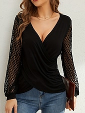 cheap Dressy Blouses-Women's Shirt Blouse Lace Tops Long Sleeve Tops Lace Plain Stylish Classic Modern Long Sleeve V Neck Regular Tops Daily Holiday Going out Black Summer Spring