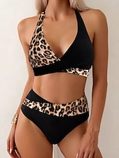 preiswerte Bikini-Sets-Damen Badeanzug Bikini Zweiteilig Hohe Taillenlinie Bademode Gerafft Rückenfrei Urlaub Strandbekleidung Leopard Farbblock Neckholder Ärmellos Badeanzüge