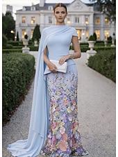  A-Line Sheath Column Floor Length Ball Gown with Cape Evening Gown Ball Gown Formal Dress Elegant Vintage Floral Short Sleeve Crew Neck Wedding Formal Stretch Fabric Cowl Back with Floral Print