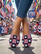  USA 250 Damen-Ballerinas im patriotischen Design – atmungsaktive, gestreifte Strickschuhe mit Sternenapplikation &Quadratische Zehenpartie für den amerikanischen Unabhängigkeitstag, täglicher Komfort