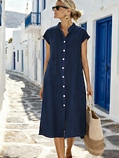 abordables Robe blanche-Femmes Robe Midi Robe fourreau Robe d'été Occasionnel Quotidien Coupe Ample Uni Manche Courte Col haut Vin bleu marine Gris Été