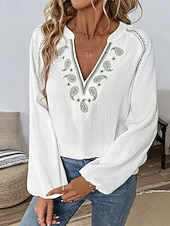 abordables Blouses &amp; Shirts-Women's Shirt Blouse Embroidered Print Floral Classic Modern Casual Long Sleeve V Neck Regular Tops Daily Outdoor Holiday White Summer Spring