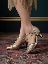 ieftine Anii 1920 &amp; Era Gatsby-pantofi de dans de damă cu sclipici argintii - tocuri latine de bal cu curele la gleznă pentru salsa, tango și performanță