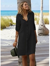 levne Šaty-Dámské Mini šaty Mieszanka bawełny Košilové šaty Bílé bavlněné šaty Bodycon šaty prázdniny Základní Moderní Denní Víkend Volný Bez vzoru 3/4 délka rukávu Košilový límec Vodní modrá Černá Bílá Šedá