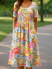 voordelige Bloemenjurk-Dames Halflange jurk Casual jurk Zomerjurk Vakantie Casual Strandstijl Feestdagen Normale pasvorm Bloemig Grafisch Korte mouw Ronde hals Geel Oranje Groen Beige Zomer Lente