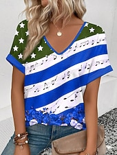  día de la independencia americana Mujer Camiseta Bloque de Color Estampado Graphic Bandera Vintage Elegante Clásico Manga Corta Escote en Pico Tops regulares Diario Fin de semana Ropa de vacaciones