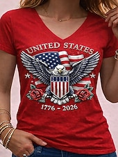  Damen 250. Jubiläums Patriotic T-Shirt Druck Grafik Flagge Vintage Stilvoll Klassisch Kurzarm V-Ausschnitt Reguläre Oberteile Alltag Blau Schwarz Weiß Rot Sommer Frühling