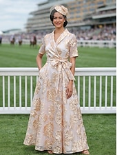 cheap Floor Length-A-Line Ankle Length Wedding Guest Dress Mother of the Bride Dress Short Sleeve Lapel Elegant Vintage Sparkle &amp; Shine Formal Wedding Guest Kentucky Derby Organza Jacquard with Floral Print Sequin