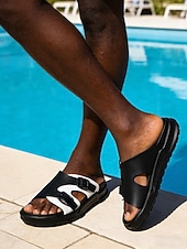 abordables Men-Men's Black and White Double Strap Slide Sandals Open-Toe Comfort Casual Slippers for Resort &amp; Poolside, Beach Vacation, Poolside Relaxing, Travel, Outdoor Leisure and Summer Everyday Wear