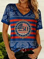  Giorno dell'Indipendenza Americana Per donna Maglietta Stampato Grafico Bandiera Americana Bohemien Vintage Elegante Manica Corta Scollo a V Top Regolari Quotidiano Uscire Weekend Blu Rosso Cachi