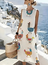 abordables Arte &amp; Design Vestidos-Women's Midi Dress Shift Dress Sundress A Line Dress Vacation Casual Boho Beach Going out Regular Fit Graphic Animal Sleeveless Crewneck White Sky Blue Beige Summer Spring