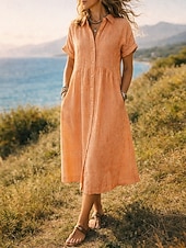 voordelige Essentiële Faux Jurken-midi-jurk voor dames, jurk van imitatie linnen, overhemdjurk, casual jurk, A-lijn jurk, modieuze moderne jurk voor dagelijks gebruik, vakantiejurk, losse pasvorm, gestreepte jurk met korte mouwen,