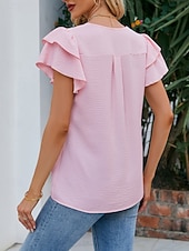 billige Plain t-skjorte-Dame T skjorte T-skjorte Drapering عادي Mote Stilfull Klassisk Kortermet V-hals Vanlige topper Daglig Ut på byen Helg Svart Hvit Rosa Himmelblå Fuksia Sommer Vår