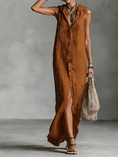 cheap Dresses-Women's Maxi Dress Linen-feel Dresses Shirt Dress Casual Dress Cotton Linen Dress Elegant Fashion Modern Outdoor Vacation Going out Regular Fit Plain Sleeveless Hooded Black Dusty Rose Navy Blue