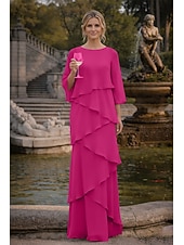 preiswerte Bodenlänge-Schlauchkleid Bodenlang Kleid für Hochzeitsgäste Abendkleid Brautmutterkleid Dreiviertelarm Rundhalsausschnitt Elegant Formell Chiffon mit Rüschen