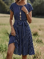 economico Abiti casual floreali-Per donna Abito Midi Vestito Casual Vestito in Chiffon Abito a trapezio Abito Floreale Elegante Vintage Moda All'aperto Vacanza Uscire Vestibilità regolare A Pois Manica Corta Scollo a V Blu Nero