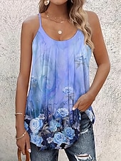 baratos Tanque Gráfico-Mulheres Malha Íntima Nadador Imprimir Floral Gráfico Plantas à moda Clássico Casual Sem Manga Gola Redonda Alças Finas Tops longos Diário Para Noite Final de semana Azul Rosa Roxo Verão Primavera