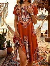 abordables Robe Boho de Vacances-Femmes Robe Longueur Genou Robe bohème Robe de Plage Robe d'été ancien Gothique Quotidien Plage Week-end Coupe régulière Fleuri Manche Courte Col ras du cou Bleu Jaune Orange Vert Été Printemps