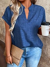 billige Enkle bluser-Dame Skjorte Bluse عادي Årgang Klassisk Moderne Kortermet V-hals Vanlige topper Daglig Ferie Ut på byen Blå Sommer Vår