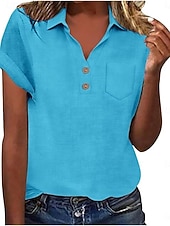 cheap Shirts-Women's Shirt Blouse Cotton Shirt Buttons Solid Color Vintage Classic Modern Short Sleeve Shirt Collar Regular Tops Daily Holiday Going out White Yellow Navy Blue Sky Blue Light Blue Summer Spring