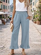  Mulheres Calças de linho de algodão Perna larga chinês Férias Roupa de rua Casual Comprimento total Cintura Média Tecido Bolsos Cintura elástica Conforto Confortável Sem Elasticidade Diário Ao ar