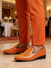 economico Mocassini-Mocassini eleganti da uomo in pelle stampata coccodrillo arancione, tomaia in pelle dai colori vivaci, stile di lusso alla moda, ideali per trendsetter, eventi serali e matrimoni