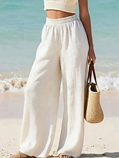 abordables Bas-Femmes Pantalon effet lin Jambe large Chinos Pantalon d'été Vacances Streetwear Basique Longueur complète Taille moyenne Uni Avec Poches Taille Élastique Confortable Respirant Micro-Élastique