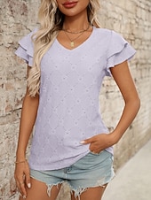 baratos Blusas Elegantes-Mulheres Camisa Social Topo de ilhó Blusa Patchwork Tecido à moda Clássico Moderno Manga Curta Decote V Tops regulares Diário Feriado Para Noite Preto Azul Céu Roxo Claro Laranja Verde Verão Primavera
