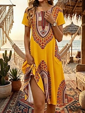 abordables Robe Boho de Vacances-Femmes Robe Longueur Genou Robe bohème Robe de Plage Robe d'été ancien Gothique Quotidien Plage Week-end Coupe régulière Fleuri Manche Courte Col ras du cou Bleu Jaune Orange Vert Été Printemps