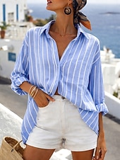 voordelige Strepen- en Geometrische Blouses-Dames Blouse Knop Afdrukken Gestreept Stijlvol Casual Lange mouw Overhemdkraag Normale tops Dagelijks blauw Blozend Roze Groen Zomer Lente Herfst