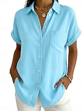 abordables Blusas Sencillas-Mujer Camisa Blusa Bolsillo Botones Color sólido Plano Vintage Elegante Manga Corta Cuello Camisero Tops largos Diario Festivos Noche Negro Blanco Rosa Naranja Gris Verano Primavera