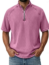 お買い得  ベーシックTシャツ-男性用 デニムシャツ コットン100% アシッドウォッシュシャツ ティートップ 半袖 スタンド ファスナー 秋冬 春 秋 平織り ヴィンテージ ストリートファッション カジュアル ジッパーを閉める 色褪せた ベーシック カジュアル 家 ストリート パープル メンズトップTシャツ