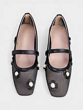 tanie Buty na płaskim obcasie damskie-Eleganckie balerinki damskie z siateczki w kolorze morelowym – przewiewne buty typu Mary Jane z aplikacjami z pereł i kwiatów na rejsy wakacyjne i luksusowe rejsy jachtowe &amp;odzież letnia na wakacje