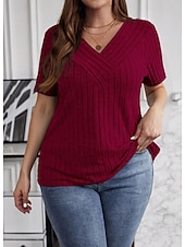 preiswerte Einfarbiges T-Shirt-Damen Übergröße Übergroße Rippstricktops T Shirt Stilvoll Lässig Kurzarm V Ausschnitt Lange Oberteile Täglich Ausgehen Wochenende Schwarz Wein Armeegrün Königsblau Purpur Sommer Frühling