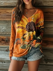  Per donna Maglietta Stampato Floreale Grafico Girasole Vintage Casual Boho Manica Lunga Scollo a V Top Regolari Quotidiano Blu Rosso Blu marino Arancione Verde Estate Primavera Autunno