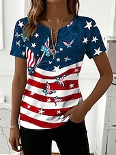  Amerikanischer Unabhängigkeitstag Damen T Shirt Reißverschluss Grafik Amerikanische Flagge Stilvoll Klassisch Lässig Kurzarm Rundhalsausschnitt Normale Oberteile Täglich Wochenende Blau Weiß Rote