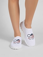  Women's White Patriotic Slip-On Sneakers – Lightweight Breathable Walking Shoes with American Flag Print Graphic for Casual Wear, Holiday Events, Travel and Outdoor Activities
