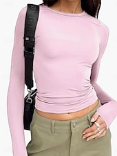 economico T-shirt semplice-Per donna Maglietta Top Lungo in Cotone Tinta unica Moda Classico Casual Manica Lunga Girocollo Top corti Quotidiano Uscire Weekend Bianco Rosa Rosso Rosso rosa Primavera Autunno