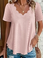 cheap Plain Blouses-Women's Pointelle Shirt Eyelet Top Blouse Eyelet Plain Active Basic Casual Short Sleeve V Neck Regular Tops Casual Daily Beach Black White Yellow Pink Wine Summer Spring