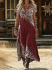 お買い得  エスニックボヘミアンドレス-女性用 マキシドレス 自由奔放に生きるドレス カジュアルドレス A ラインドレス プリントドレス ヴィンテージ アウトドア バケーション 週末 ルーズフィット グラフィック 半袖 Ｖネック ブラック イエロー ライトグリーン ピンク 夏 春