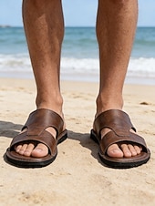 economico Uomini-sandali marroni da uomo in similpelle con comodi cinturini in velcro, ideali per le vacanze al mare e le uscite informali