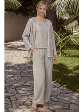baratos Terninhos de calça da mamãe-Terninho Traje de 3 peças Longo Vestido Para Mãe dos Noivos Sem Manga Scoop pescoço Elegante Convidado do casamento Chiffon Renda Embrulho incluido com Lantejoulas