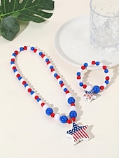  Patriotisches Acryl-Schmuckset für Damen: Halskette und Armband, mehrfarbiger Schmuck in Rot, Weiß und Blau mit Perlen, ideal für die Feierlichkeiten zum 250. Jahrestag der USA, den Unabhängigkeitstag und den Alltag.