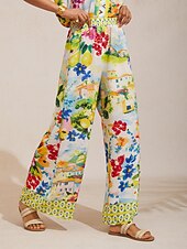 economico pantaloni da donna-pantaloni a gamba larga effetto lino leggero, perfetti per le vacanze in un giardino di agrumi.