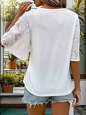 economico T-shirt semplice-Per donna Maglietta Top con cuciture in pizzo Pizzo Tinta unica Elegante Classico Casual Mezza Manica Scollo a V Top Regolari Quotidiano Uscire Weekend Bianco Estate Primavera