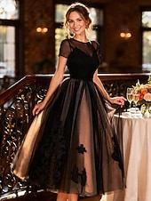 tanie Sukienki koktajlowe-Krój A Do kostki Sukienka koktajlowa Suknia wieczorowa Sukienki imprezowe Elegancja Zabytkowe Lata 50. Krótki rękaw Linia złudzenia Halloween Gość weselny Jesienny gość weselny Koronka Tiul z Plisy