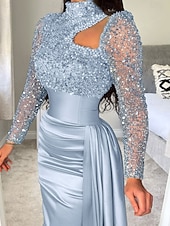 billiga Ballgowns för kvällsbruk-Sjöjungfru trumpet Svepsläp Telång Kvälls klänningar Balklänning med överkjol Formell klädsel Elegant Sidoslits Silkig Långärmad Hög hals Formell Satäng Paljetter med Pärldetaljer Paljett
